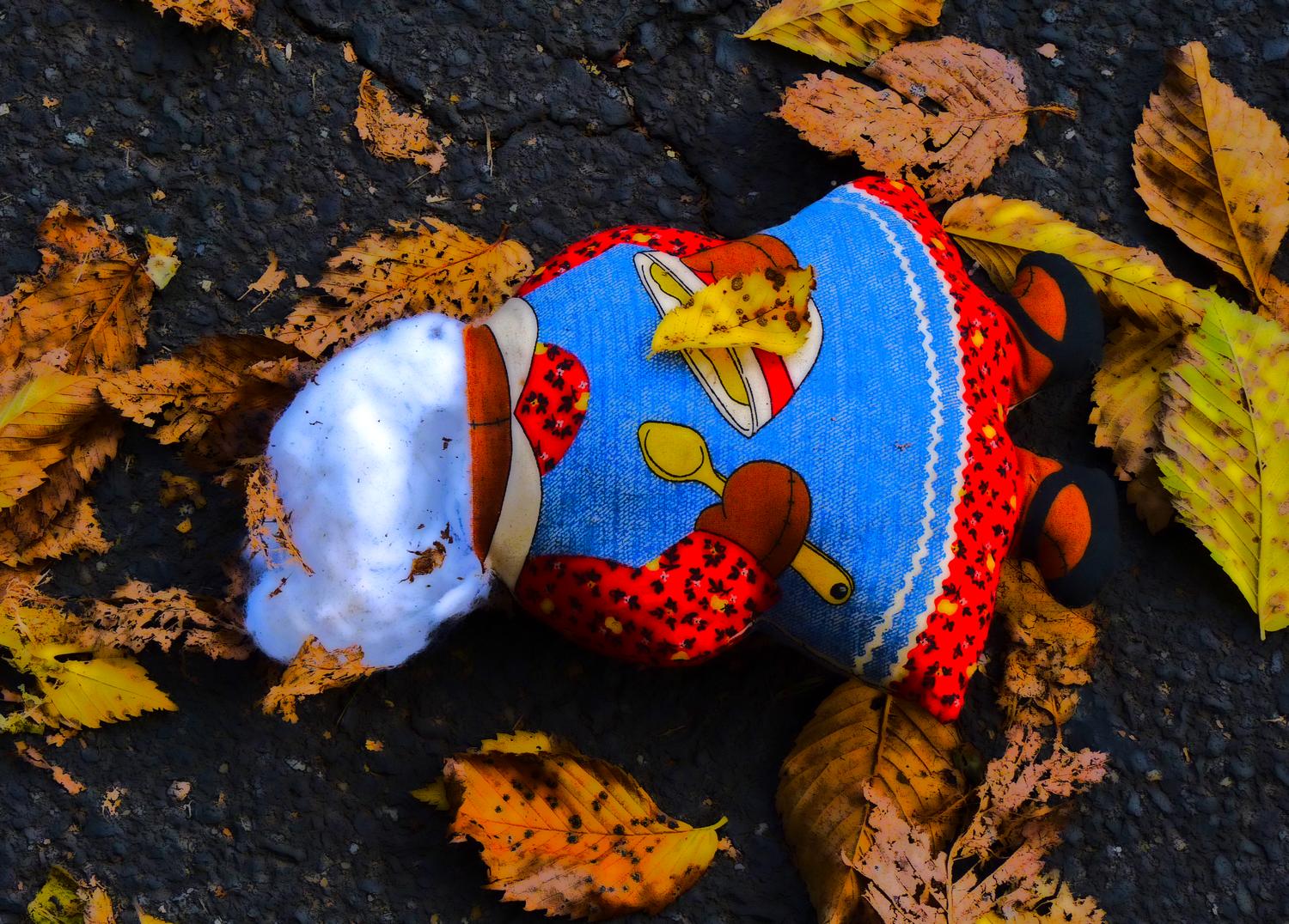 stuffed bear with no head in the leaves  - Warrenton, Virginia-  Panasonic DMC-FZ35 - Not so with Mrs. Bear. It's clear how she met her end. - Tony Karp, design, art, photography, techno-impressionist, techno-impressionism, aerial photography , drone , drones , dji , mavic pro , video , 3D printing - Books -